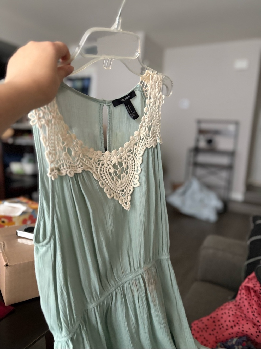 American Eagle Outfitters Sage Green Mini Dress with Cream Crochet Yoke